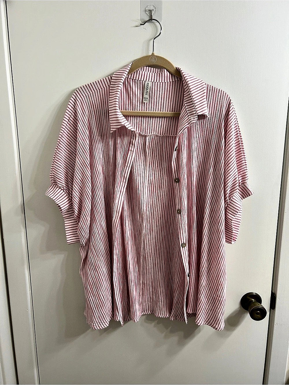 ZENNANA Striped Button Down Shirt in Pink & White Dual Sizing  1X/2X